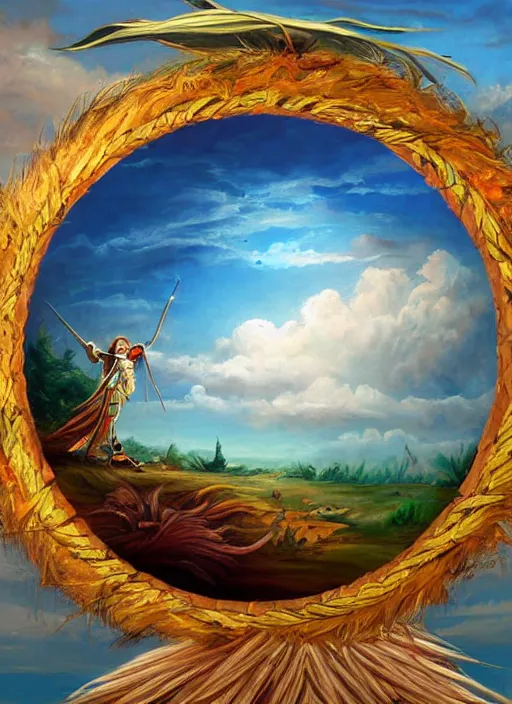 Image similar to a beautiful painting of a highly decorated round shamanic drum on the ground, with a beautiful cloudy sky, fantasy art, matte painting