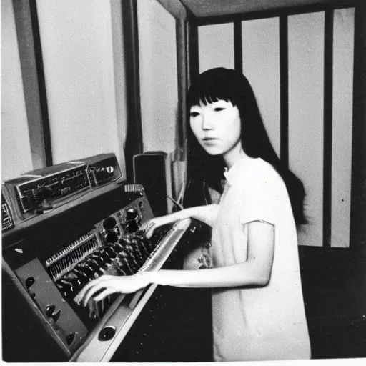 Image similar to 1 9 7 0 s polaroid of a female japanese musician playing a vintage modular synthesizer, hazy, faded