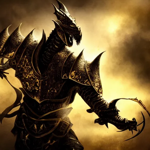 Prompt: black and gold dragonborn paladin healing wounded civilians, Fantasy, high definition, hopeful, sharp focus, deep shadows, cinematic