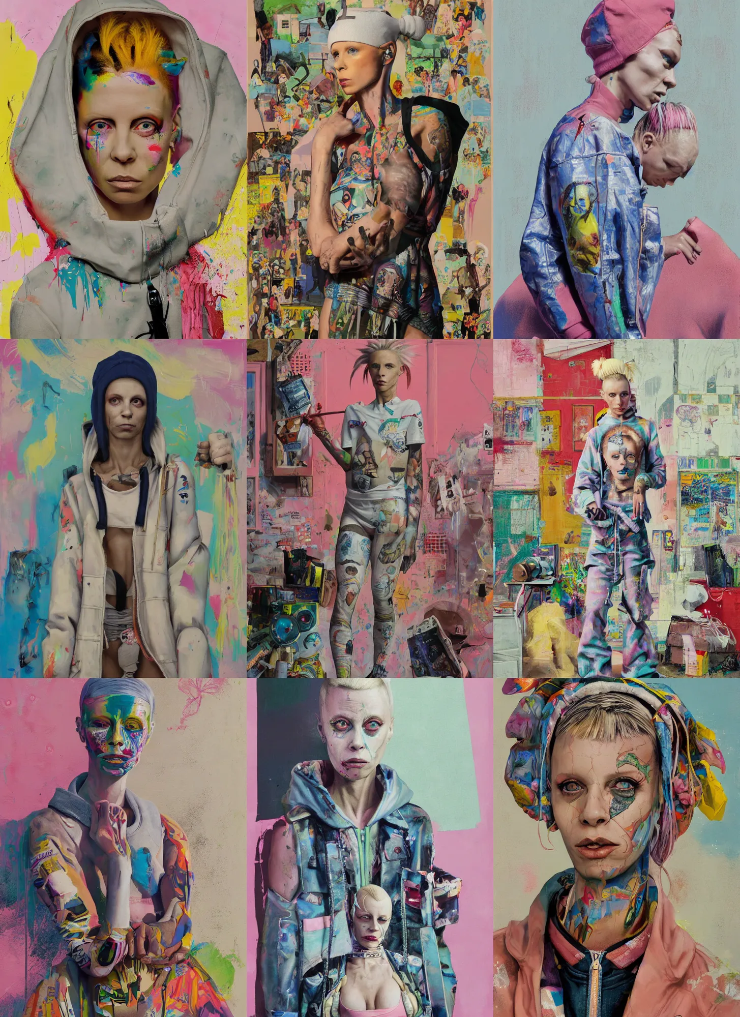 Prompt: still from music video of yolandi visser from die antwoord standing in a township street, wearing a hoodie, street clothes, full figure portrait painting by njideka akunyili crosby and martine johanna, earl norem, ismail inceoglu, pastel color palette, 3 5 mm lens