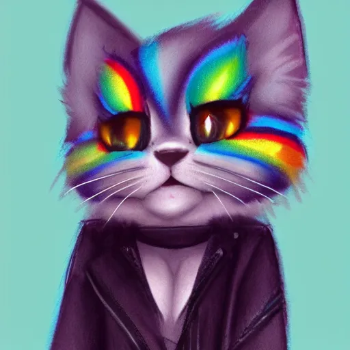 Image similar to wide angle full body, of a fluffy cute rainbow kitten wearing a black motorcycle jacket, concept art