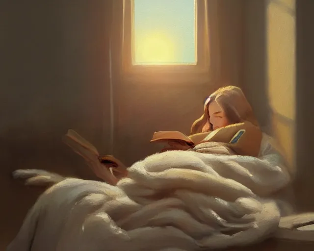 Image similar to a beautiful warm fuzzy painting of a woman curled up with a blanket reading a good book next to her friendly cat who is purring with eyes closed. they are both sitting next to a window as the sun sets in winter, by greg rutkowski, trending on artstation, concept art, lofi, digital illustration