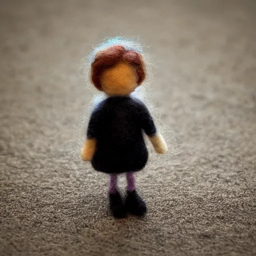 Image similar to needle felted person arriving at airport, highly detailed, tilt shift, cute, hyperrealism, highly textured, god rays