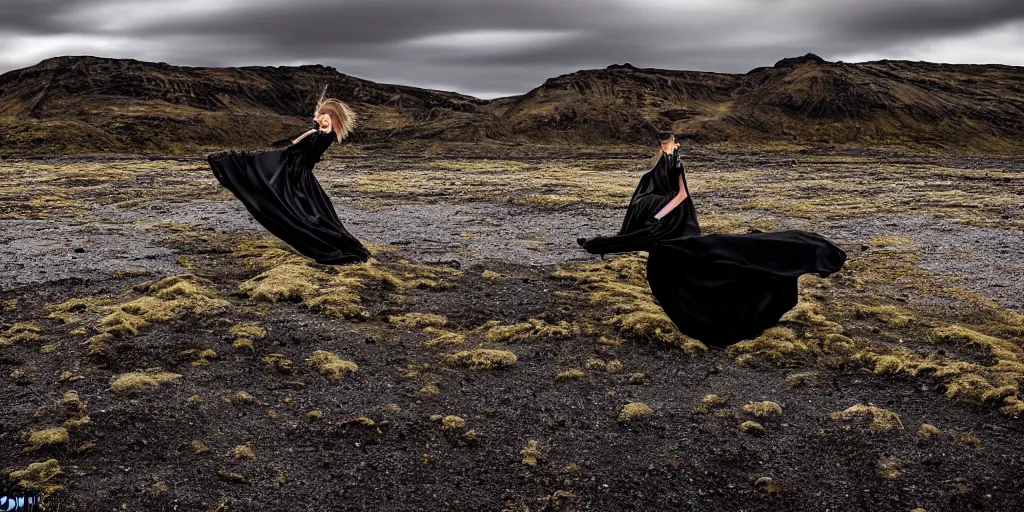 Prompt: portrait of floating model in comme des garcon deconstructed black silk gown, iceland landscape photography, by lurie belegurschi and gunnar freyr