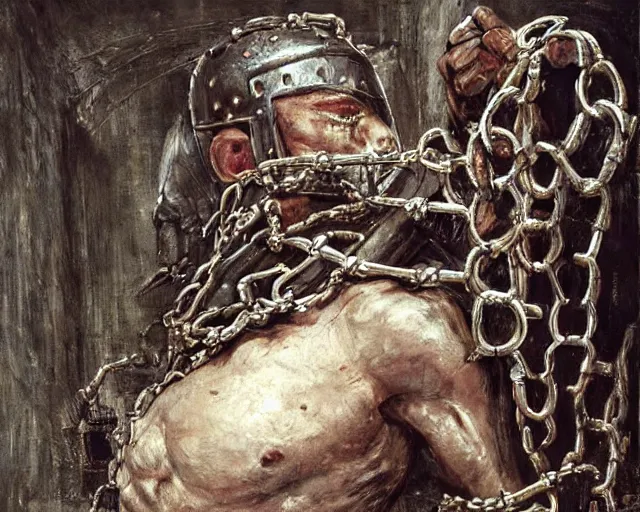 Image similar to [ 1 6 k realism ] a mettallic knight covered in chains in a dirty filthy basement, the knight is being tortured by a skinny princess made of teeth