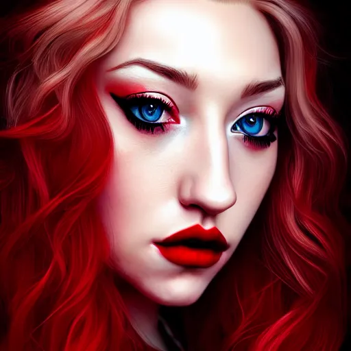 Prompt: a realistic illustration portrait of a beautiful kendra sunderland with curly black and red hair, black eyeliner, trending on artstation, hyper - realistic lighting, intricate, ross tran