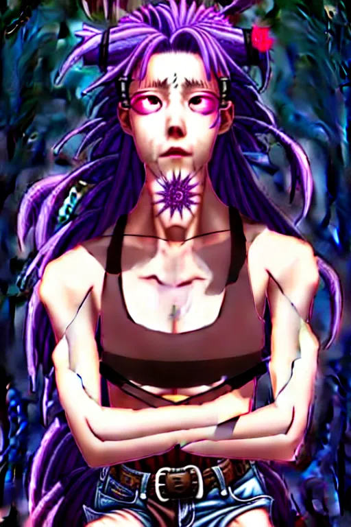 Image similar to a portrait of dilraba dilmurat as revy from black lagoon, smirk, black tank top, jean shorts, brown eyes, purple hair, tribal tattoo sleeve right arm, symmetrical eyes, symmetrical face, art by lois van baarle and loish and ross tran and rossdraws and sam yang and artgerm