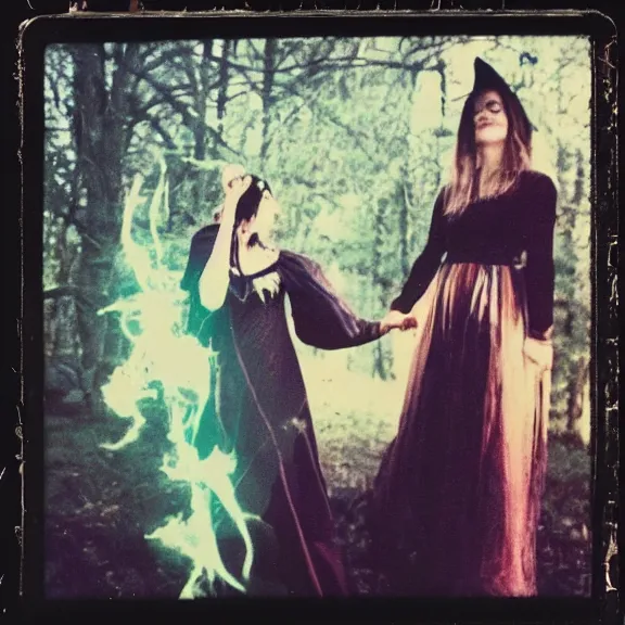 Image similar to a beautiful witch summoning a horrible demon, a polaroid photo taken by lucifer, rich decaying bleeding colors