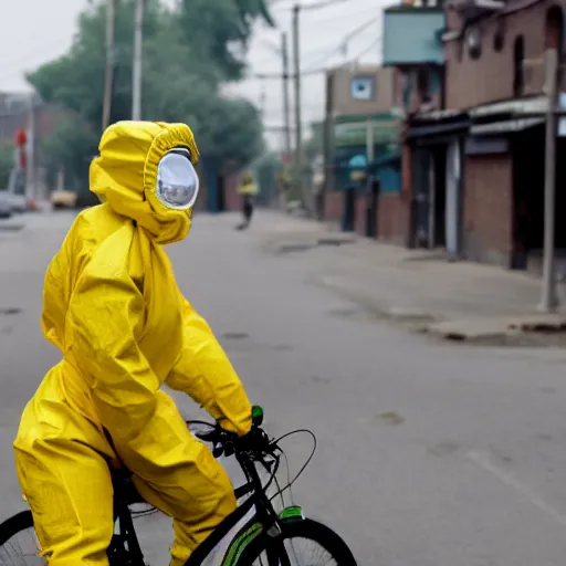 Image similar to a photo of a female wearing a hazmat suit, riding a bike, side-view, smoke in the background, filthy streets, broken cars. Vines growing. Jpeg artifacts. Full-color photo. Color color color color color. Award-winning photo. OM system 12–40mm PRO II 40mm, 1/100 sec, f/2 8, ISO 800