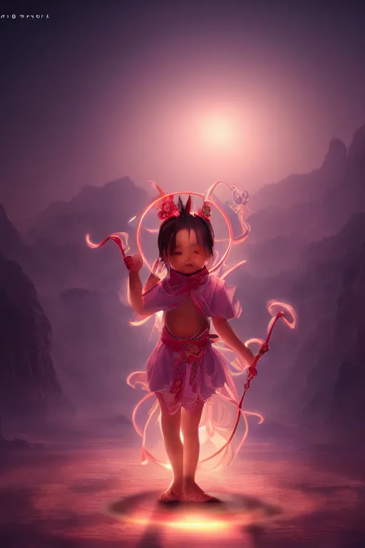 Image similar to cute nezha, mainland china, soft lights, cinematic, character concept design, highly detailed, volumetric light, symmetrical portrait, by new gods : nezha reborn, nezha : birth of the demon child, i am nezha, 8 k - - wallpaper