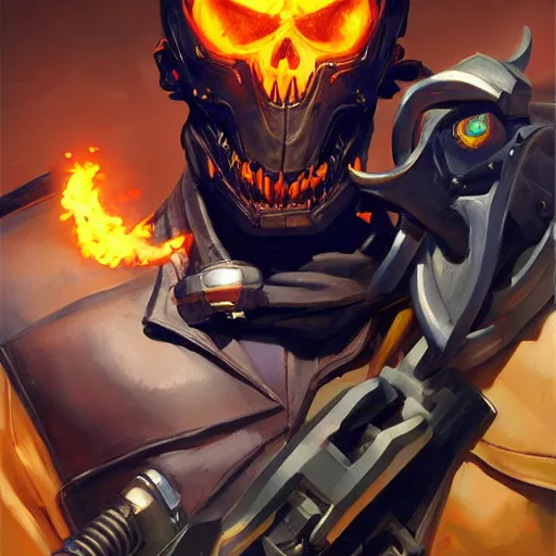 Image similar to greg manchess portrait painting of ghost rider as overwatch character, medium shot, asymmetrical, profile picture, organic painting, sunny day, matte painting, bold shapes, hard edges, street art, trending on artstation, by huang guangjian and gil elvgren and sachin teng