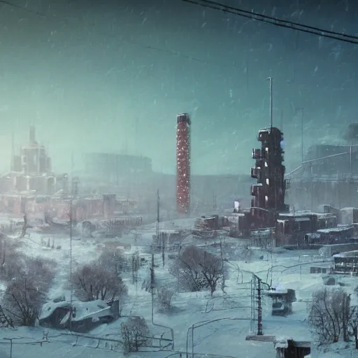 Image similar to a oil painting of brutalism old atom winter soviet town from frostpunk by Simon Stålenhag, in style of fractal landscape by Simon Stalenhag, atompunk, Sci-Fi, 8k, ultra detail, volumetric lighting, unreal engine, octane render, ultra realistic, max quality, epic 35 mm lens shot, photorealism