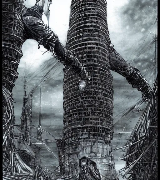 Image similar to tarkovsky scene, epic ancient tower of babylon above a woman in transparent cyber clothing, hyperrealistic, blame, manga style, drawing by tsutomu nihei, cyber world, concept art, hyper - detailed, smooth, masterpiece, epic, cinematic, high quality