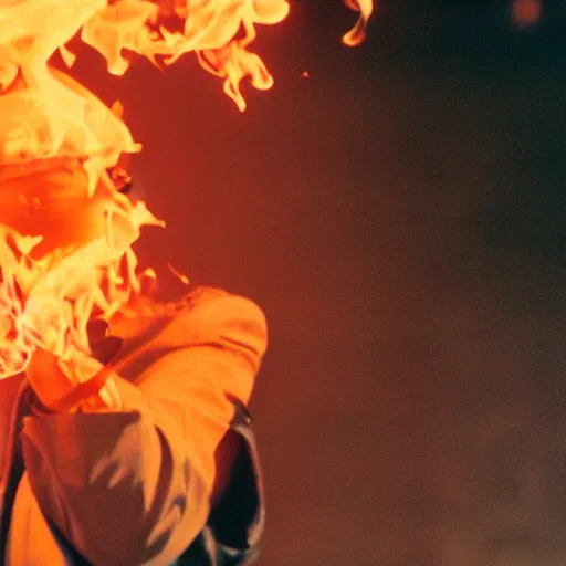 Image similar to cinematic film still of rapper JID starring as a Japanese Sensei with fire, Japanese CGI, VFX, 2003, 40mm lens, shallow depth of field, film photography