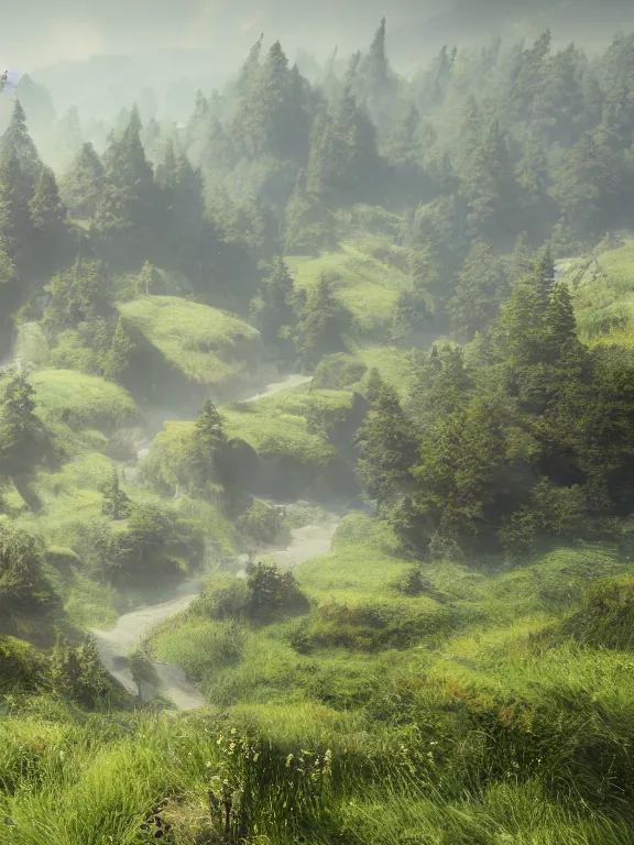 Image similar to photo of 8k ultra realistic beautiful valley, small town, hills, pylons, heavy rain, full of colour, cinematic lighting, battered, trending on artstation, 4k, hyperrealistic, focused, extreme details,unreal engine 5, cinematic, masterpiece, art by studio ghibli