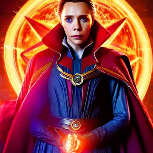 Prompt: Elizabeth Olsen as Doctor Strange, Elizabeth Olsen in Doctor Strange attire, in Avengers: Infinity War, Trending on artstation, photorealistic imagery, beautiful studio lighting, neon colorful lighting, 4k, 8k