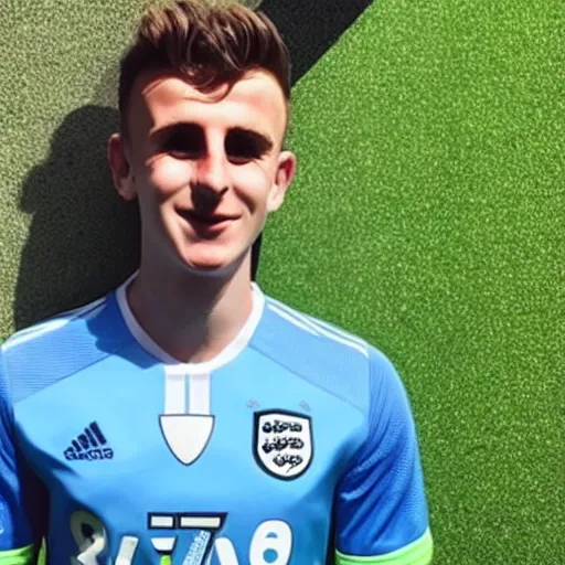 Prompt: “A realistic photo of English football player Mason Mount as a humanoid android with shiny skin and wearing his soccer uniform”