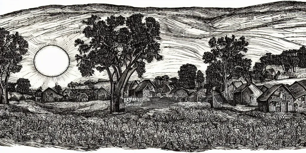 Image similar to Village with fields and sun. Rural landscape with small farm and trees. Hand drawn engraving style