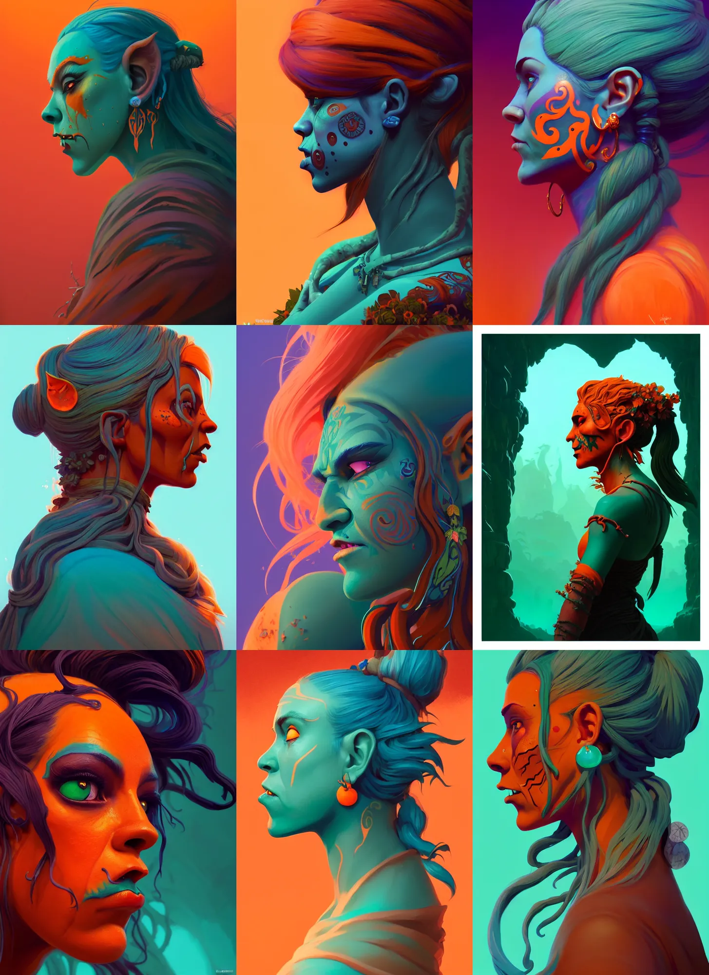 Prompt: side profile centered painted portrait, female orange orc forest druid, teal face tattoos, d & d, gloomhaven, matte painting concept art, art nouveau, beautifully backlit, swirly vibrant color lines, fantastically gaudy, aesthetic octane render, 8 k hd resolution, by ilya kuvshinov and cushart krentz and gilleard james