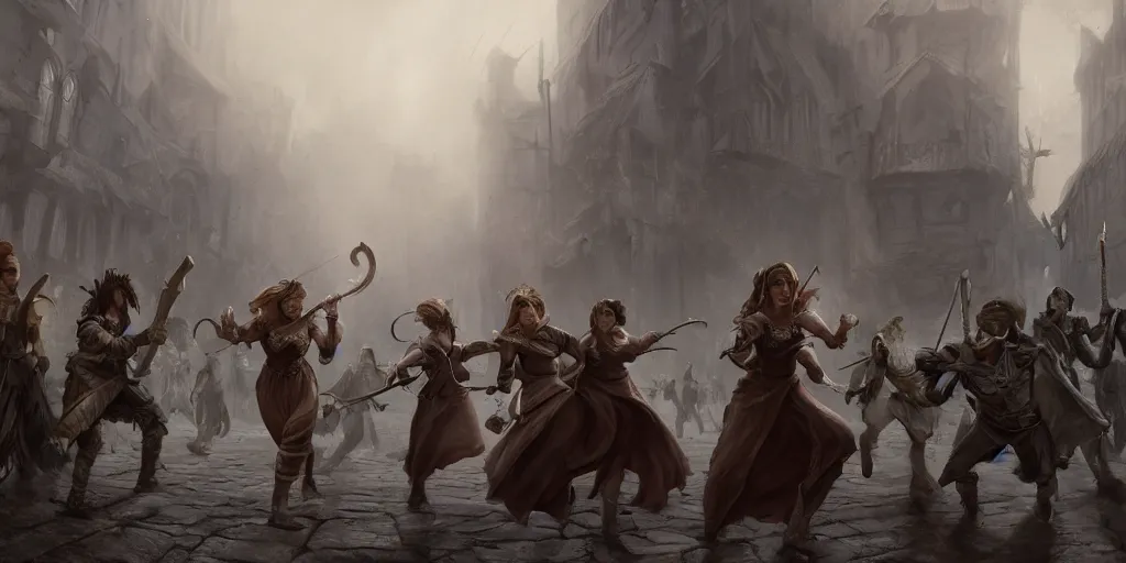 Prompt: cinematic, concept art, high fantasy matte painting, of a female bard and her adventuring party being chased through a medieval town by an angry crowd, foggy, depth of field, 8k, 35mm film grain, unreal engine 5 render dramatic, intricate, elegant, highly detailed, digital painting, artstation, concept art, smooth, sharp focus, illustration, octane render, art by Leesha Hannigan, Ross Tran, Thierry Doizon, Kai Carpenter, Ignacio Fernández Ríos