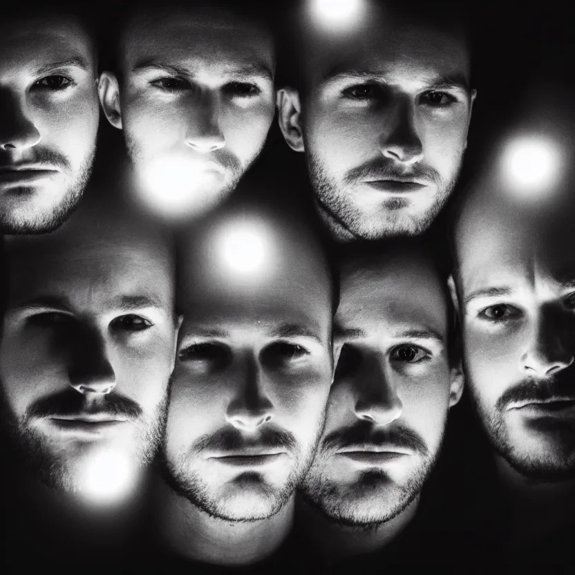 Image similar to 4 men's faces being illuminated from above, dark room, cross composition