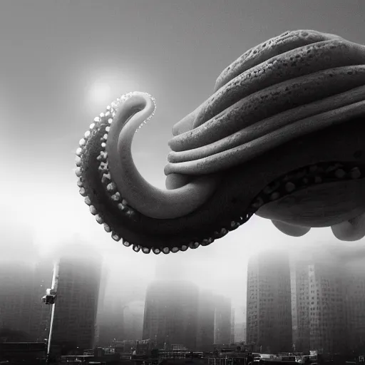 Prompt: an impossibly enormous octopus floating in the sky above the city, volumetric fog, cinematic Dystopian brutalist atmosphere, 8mm
