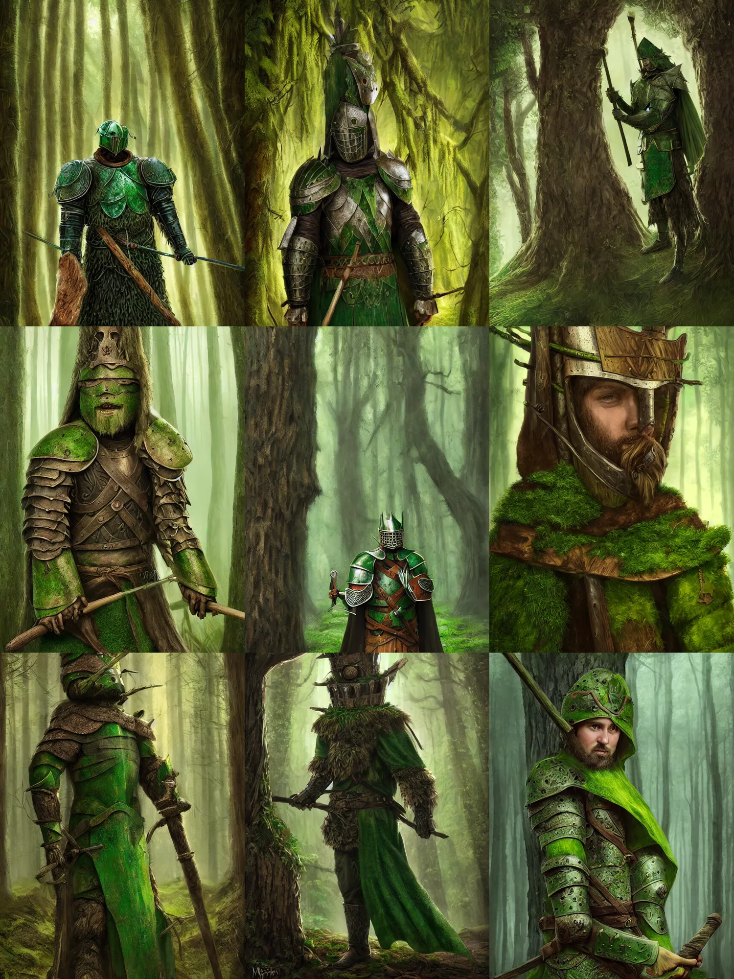 Prompt: portrait of a green knight, giant wooden club, wooden bark armor, green cloak, forest background, high fantasy, highly detailed, smooth, matte painting, by midjourney