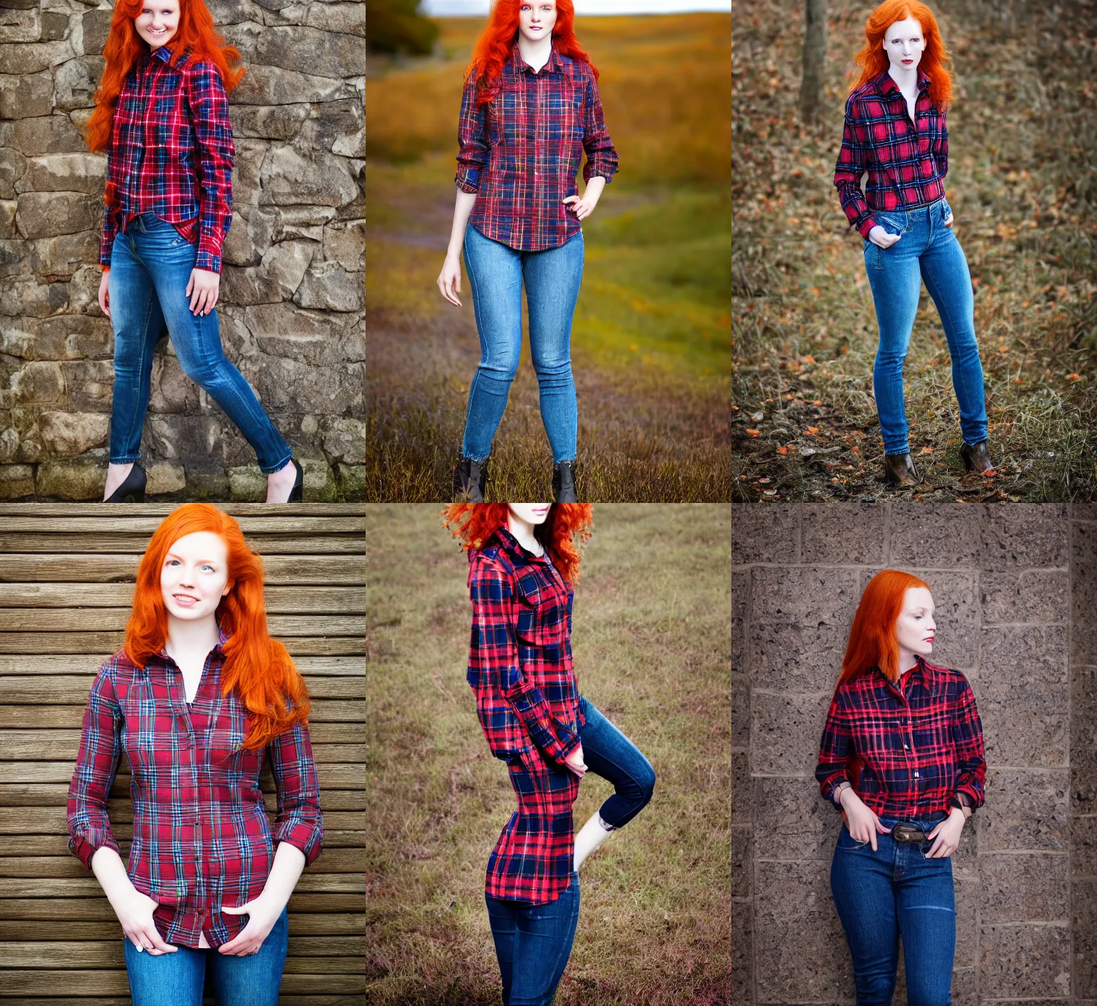 Prompt: Professional photography of a young redhead woman, tartan shirt, jeans