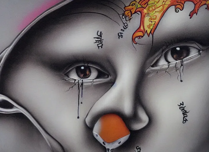 Prompt: Trickster is Pokerface, a detailed realistic graffiti painting, street art, banksy