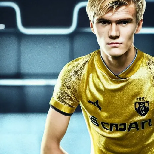 Image similar to a realistic detailed photo of a guy who is an attractive humanoid who is half robot and half humanoid, who is a male android, soccer player martin ødegaard, shiny skin, posing like a statue, blank stare, in a living room, on display, showing off his muscles, gold soccer kit