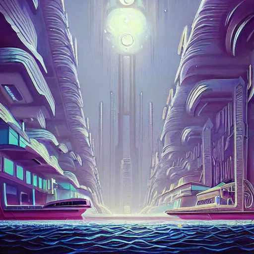 Image similar to beautiful painting of a white art-deco city under the ocean in the style of Simon Stålenhag and H. R. Giger, detailed, trending on Artstation