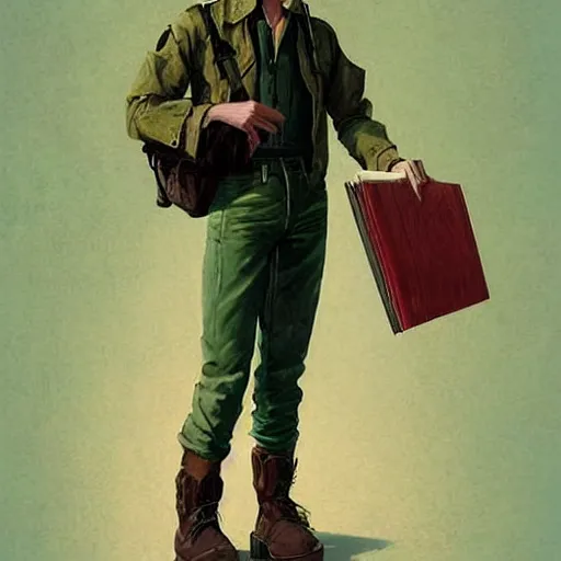 Image similar to a highly detailed epic cinematic concept art CG render digital painting artwork costume design: young James Dean as a well-kept neat anarchist rebel in 1950s green USSR mechanic outfit and big boots, reading a book. By Greg Rutkowski, Ilya Kuvshinov, WLOP, Stanley Artgerm Lau, Ruan Jia and Fenghua Zhong, trending on ArtStation, subtle muted cinematic colors, made in Maya, Blender and Photoshop, octane render, excellent composition, cinematic atmosphere, dynamic dramatic cinematic lighting, aesthetic, very inspirational, arthouse