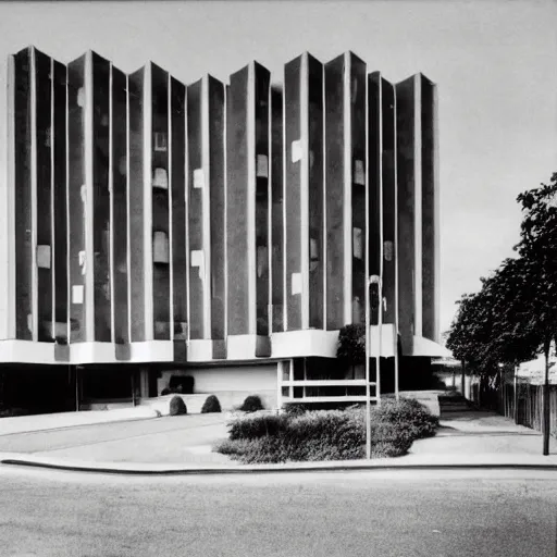 Prompt: 1 9 7 0 s groovy hotel, brutalist architecture