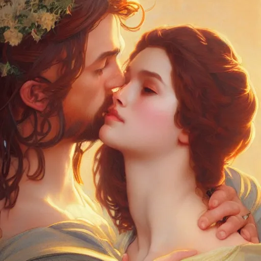 Image similar to jesus kissing a maria maddalena, intricate, elegant, highly detailed, digital painting, artstation, concept art, matte, sharp focus, illustration, art by artgerm and greg rutkowski and alphonse mucha