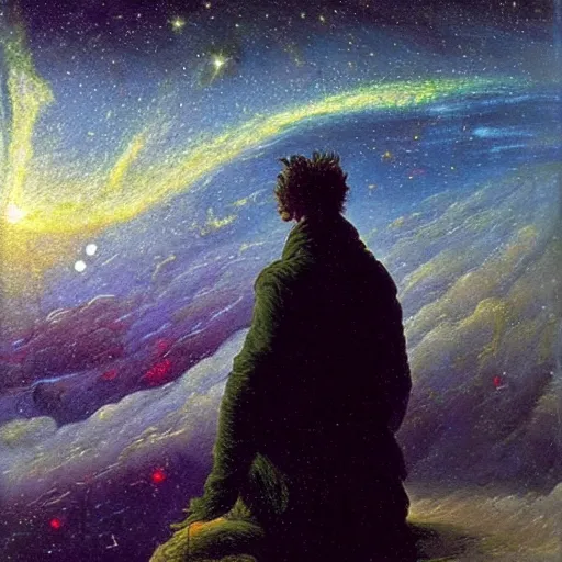 Prompt: an impasto oil painting of a futuristic wanderer gazing into a universe full of mystical colorful light nebulae and galaxie spainted by caspar david friedrich, pastel color scheme