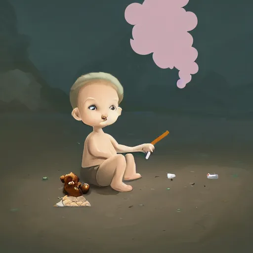 Prompt: digital illustion of baby grogu smoking a cigarette, sitting next to a discarded pack of cigarettes, deviantArt, artstation, artstation hq, hd, 4k resolution