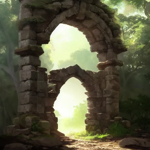 Image similar to concept art painting of a single free standing ancient stone archway, in the woods, realistic, detailed, cel shaded, in the style of makoto shinkai and greg rutkowski and james gurney