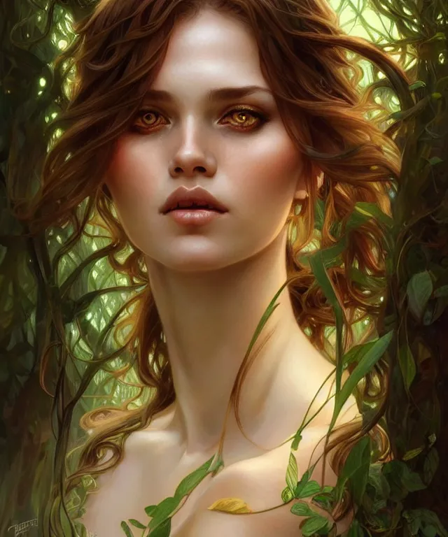 Image similar to Forest nymph woman portrait, amber eyes, face, long hair, fantasy, intricate, elegant, highly detailed, digital painting, artstation, concept art, smooth, sharp focus, illustration, art by artgerm and greg rutkowski and alphonse mucha