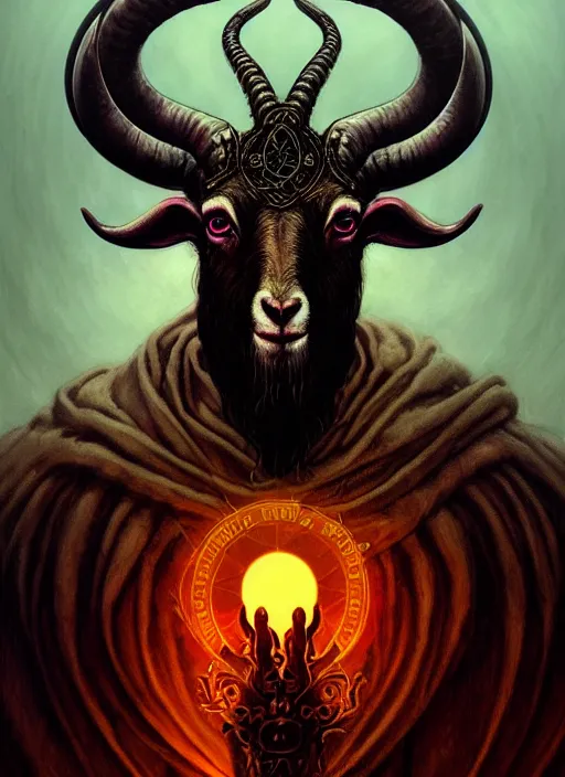 Image similar to elden ring themed orthodox baphomet goat icon tarot card portrait, piercing gaze, byzantine aesthetic, doom, religious, sinister, ornate, intricate, beautifully backlit, subtle tones, digital painting, concept art, smooth, sharp focus, illustration, art by josan gonzalez, greg rutkowski, killian eng and zdizslaw beksinski