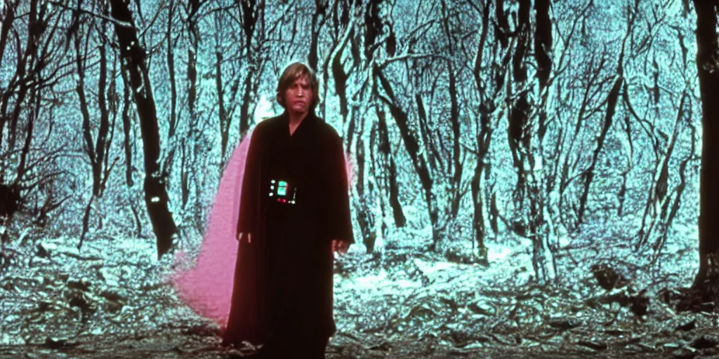 Image similar to screenshot from the film Star Wars The Lost Jedi 1982, of Luke Skywalker in dark jedi robe is lost on a surreal pink planet with black trees, minamilist 1980s sci fi film by Stanely Kubrick film, color kodak, Ektachrome, anamorphic lenses, detailed faces, hyper-realistic, photoreal, detailed portrait, moody award winning cinematography, beautiful lighting