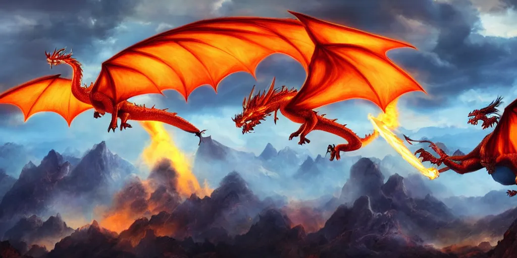 Image similar to a powerful flying fire Dragon spitting fire fighting against a strong Wizard which spells lightning strikes in the foreground, big Mountains and wide forrests are in the Background, stormy weather at night ,cinematic Style, hyperrealistic