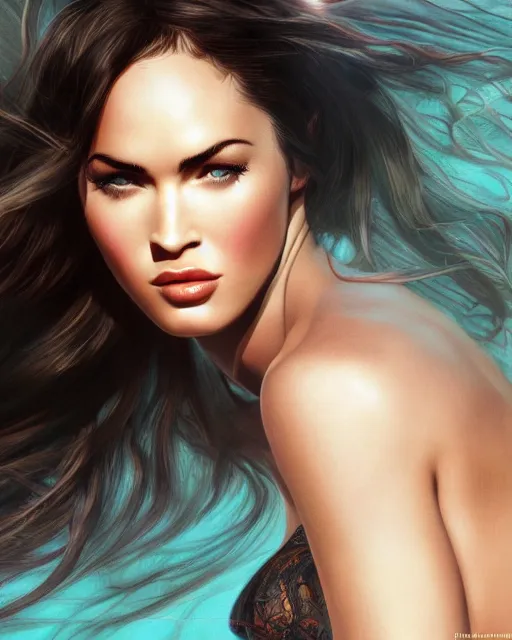 Prompt: closeup dream photo of a beautiful megan fox with long dark wind blown hair, hyper realistic, concept art, intricate, hyper detailed, smooth, ambient volumetric lighting, high contrast, vibrant, hd, octane, gil elvgren, arney freytag, alberto vargas,