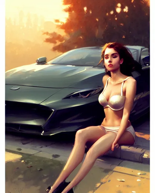 Prompt: a beautiful girl with jacket and bra sitting on a car | | realistic shaded, unpleasant face, bad looking, fine details, realistic shaded lighting poster by greg rutkowski, magali villeneuve, artgerm, jeremy lipkin and michael garmash and rob rey