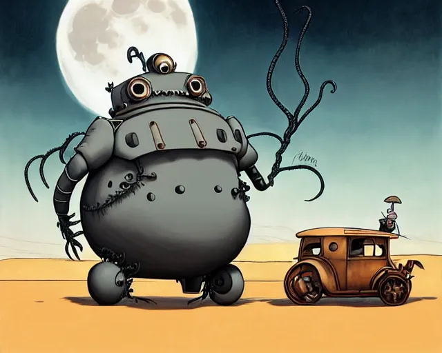 Image similar to a cell shaded cartoon grey lovecraftian mechanized fat spider from howl's moving castle ( 2 0 0 4 ), with a big head, on a desert road, wide shot, in front of a big moon, muted colors, post grunge, josan gonzales, wlop, by james jean, victor ngai, hq, deviantart, art by artgem