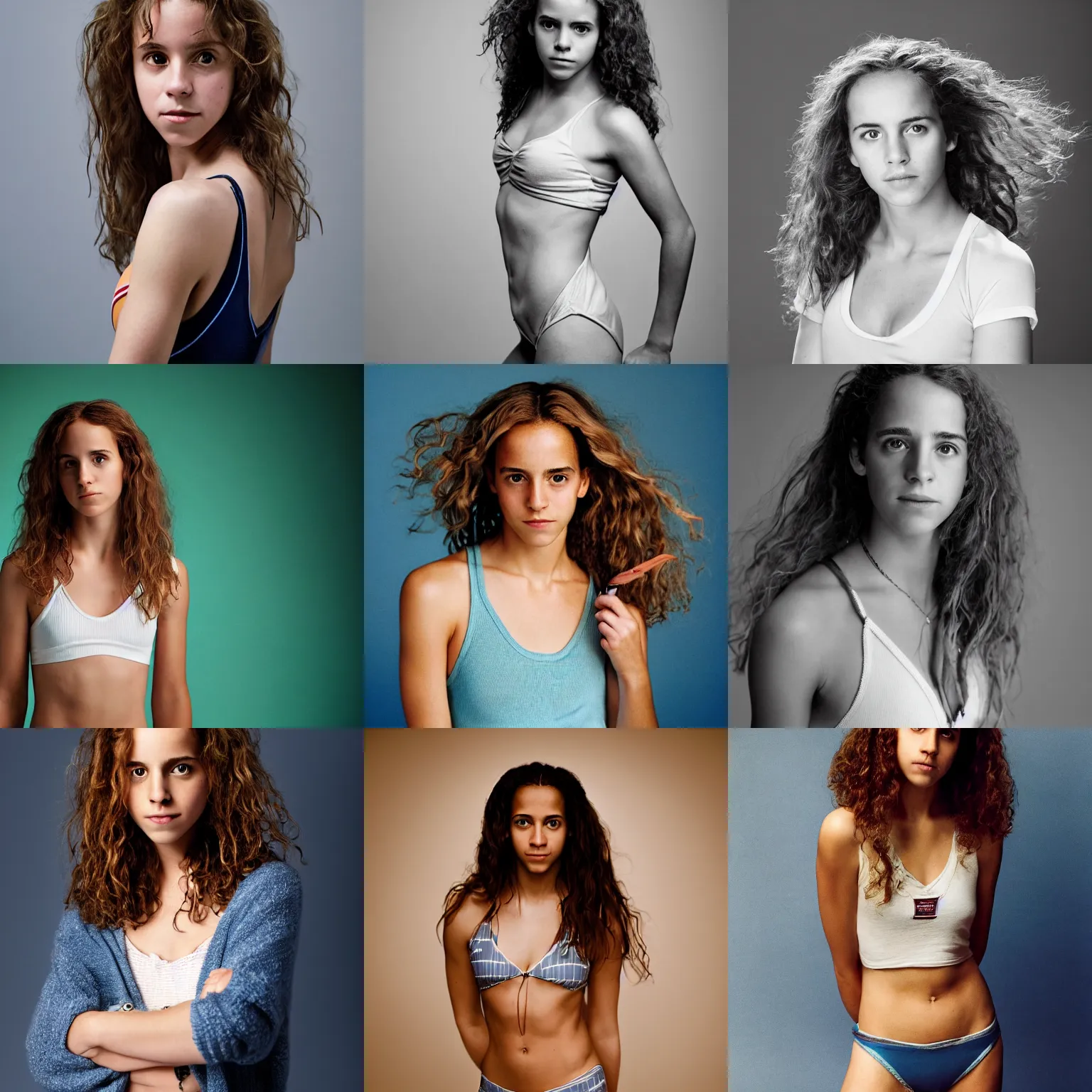 Prompt: Photo of Hermione Granger in swimsuit, soft studio lighting, photo taken by Anne Liebovitz for Abercrombie and Fitch, award-winning photograph, 24mm f/1.4