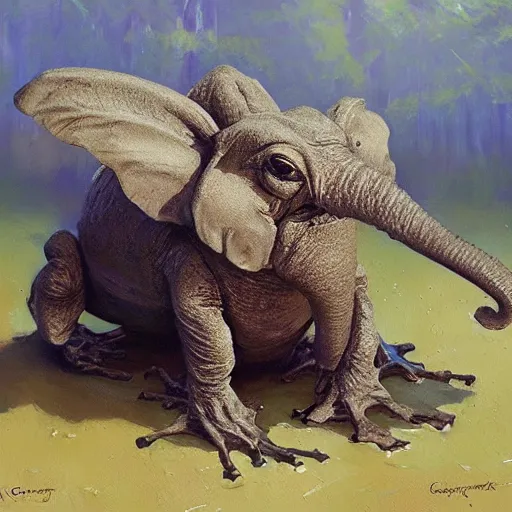 Image similar to frog - elephant creature, oil painting by craig mullins