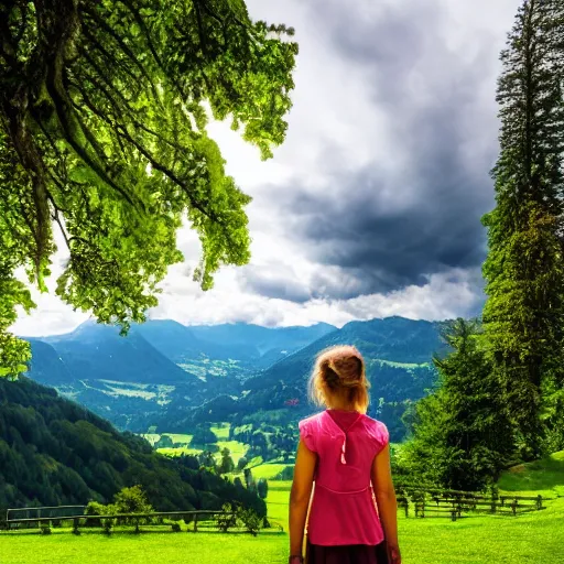 Image similar to a beautiful photograph of a girl with switzerland landscape in the background with trees, hdr, 8 k, high quality, sharp focus, artstation, highly detailed, award - winning, dramatic lighting, beautiful clouds, and nature