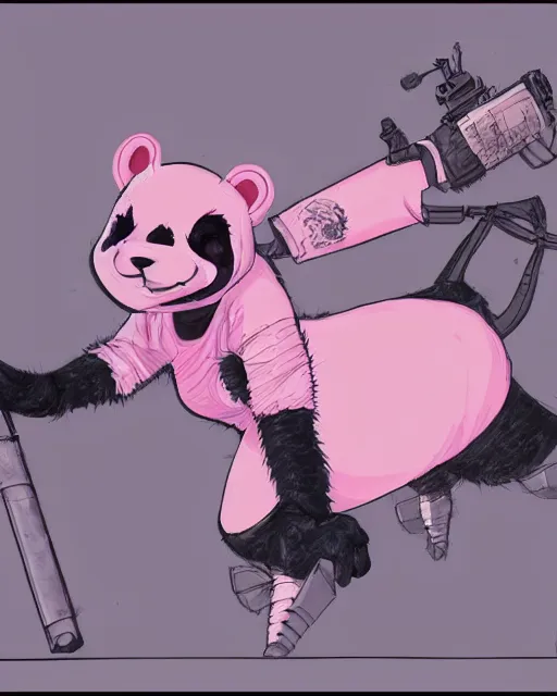 Image similar to a good ol'pink panda girl fursona ( from the furry fandom ), heavily armed and armored facing down armageddon in a dark and gritty version from the makers of mad max : fury road. witness me.