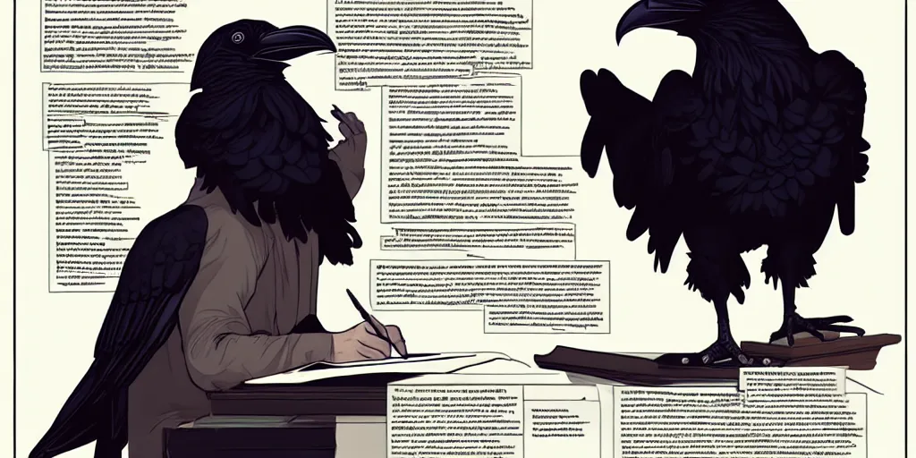 Image similar to a scholarly raven is seen writing at his desk. character sheet, character design, contrast, deep focus, turnaround, highly detailed, dramatic lighting, digital painting, artstation, concept art, matte, sharp focus, illustration, elegant, art by artgerm and greg f and alphonse mucha.