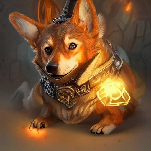 Prompt: d & d character art, corgi thaumaturgist, extremely detailed, magical, fantasy, glowing, digital illustration by artgerm, trending on artstation, award - winning, 8 k